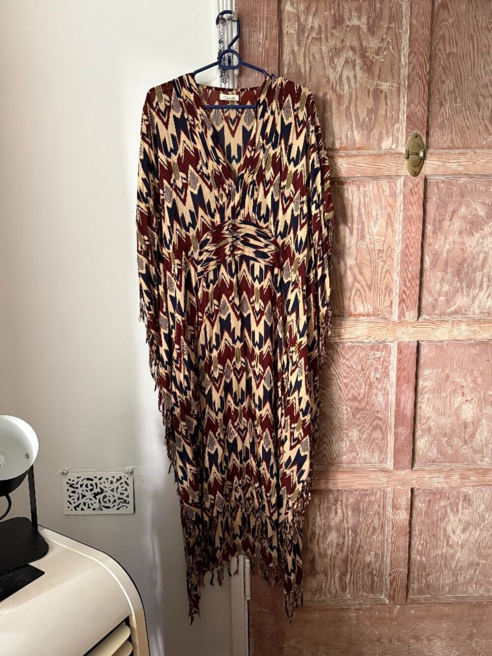 Cleobella Ikat Print Fringe Kaftan Maxi Dress Boho Brown Cream Size Small